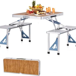 Folding Picnic Table with Seats Chairs, Umbrella Hole,